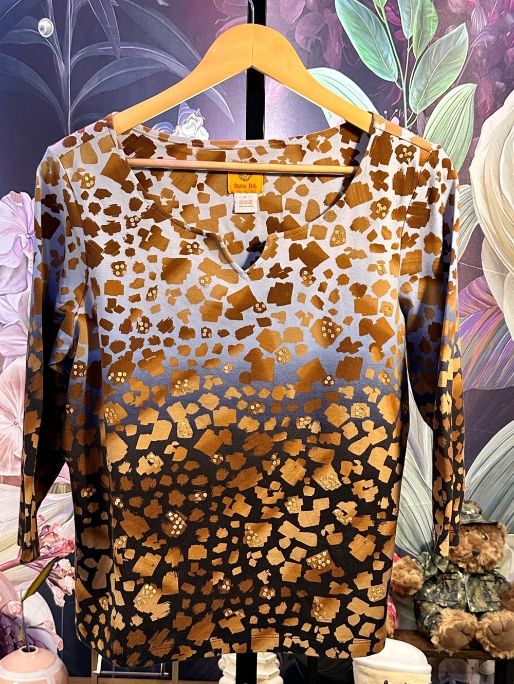 Ruby Rd. M Cotton Stretch Sweater Metallic Ombre Brown Blue Animal Print Sequin